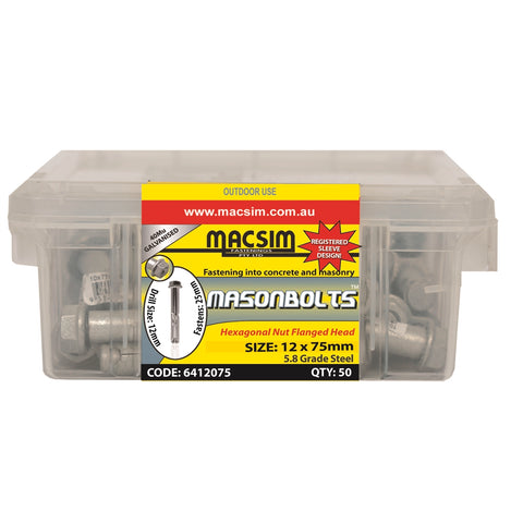 Macsim 12 x 75mm Galvanised Steel Masonry Sleeve Anchor, Hex Nut - 50 Pack