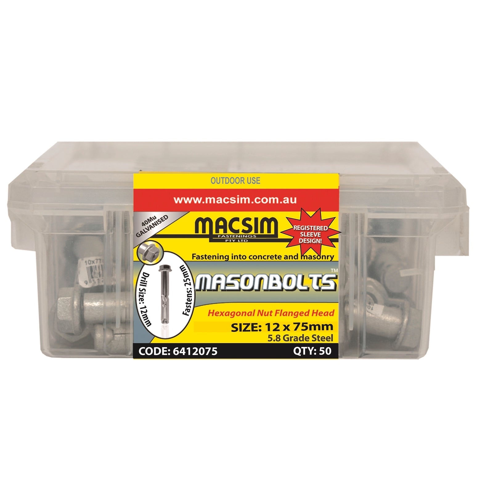 Macsim 12 x 75mm Galvanised Steel Masonry Sleeve Anchor, Hex Nut - 50 Pack
