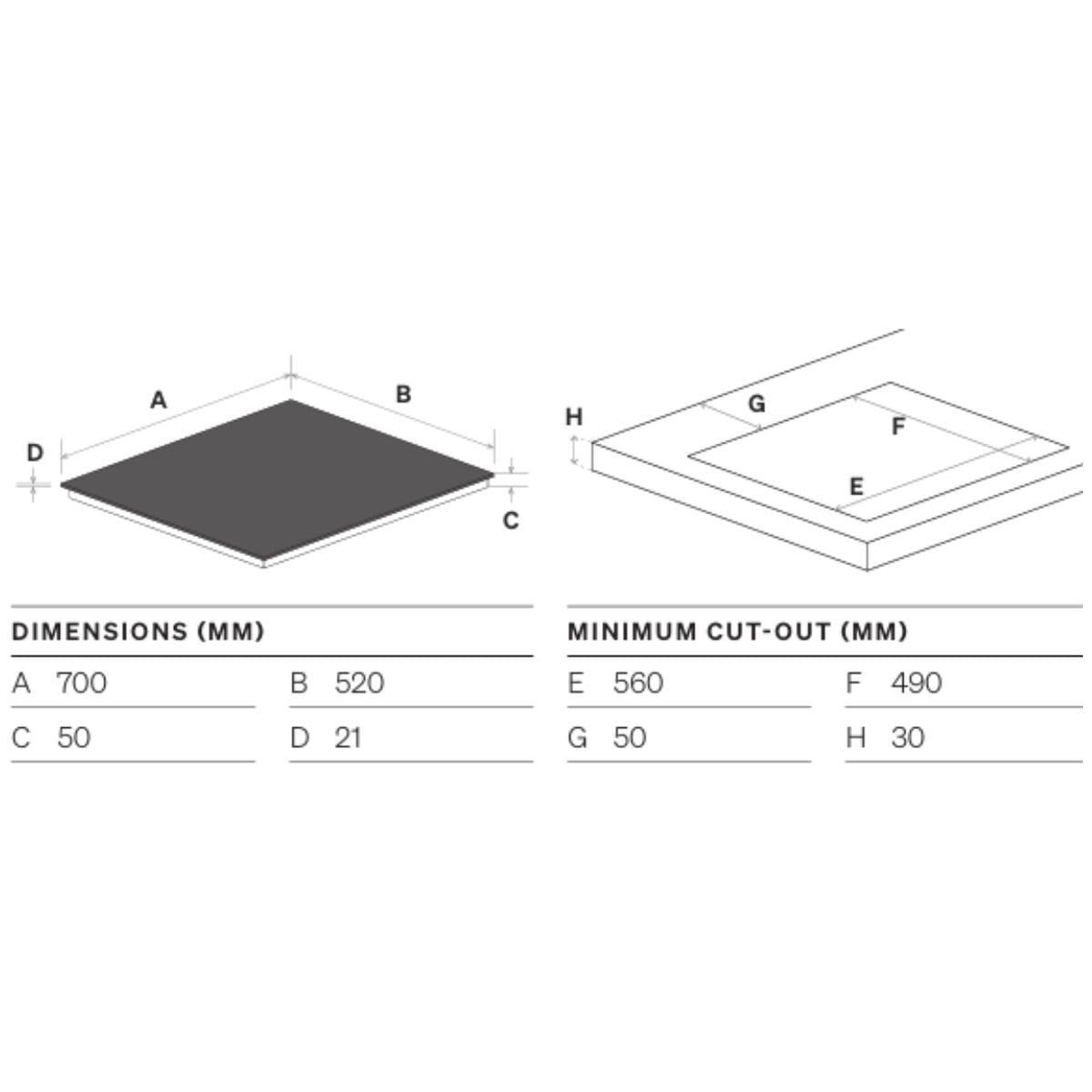 Omega 70cm ceramic cooktop - 4 zones, touch controls, fits 60cm cut-out, black glass - OCC704TZ
