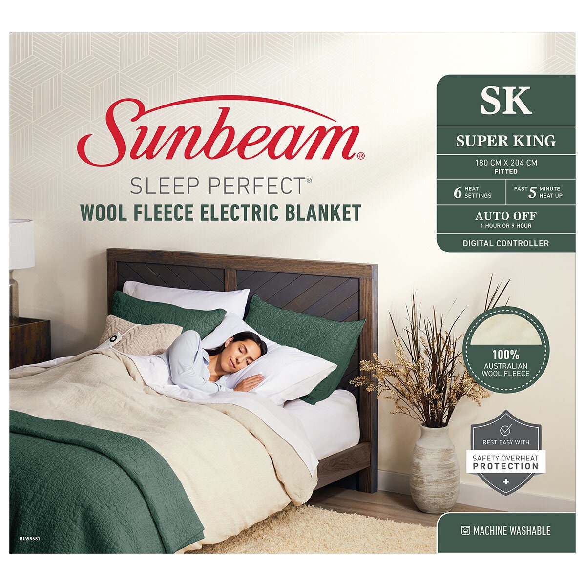 Sunbeam Sleep Perfect Wool Fleece Super King Electric Blanket - Australian Wool, Cosy Feet Heating - BLW5681