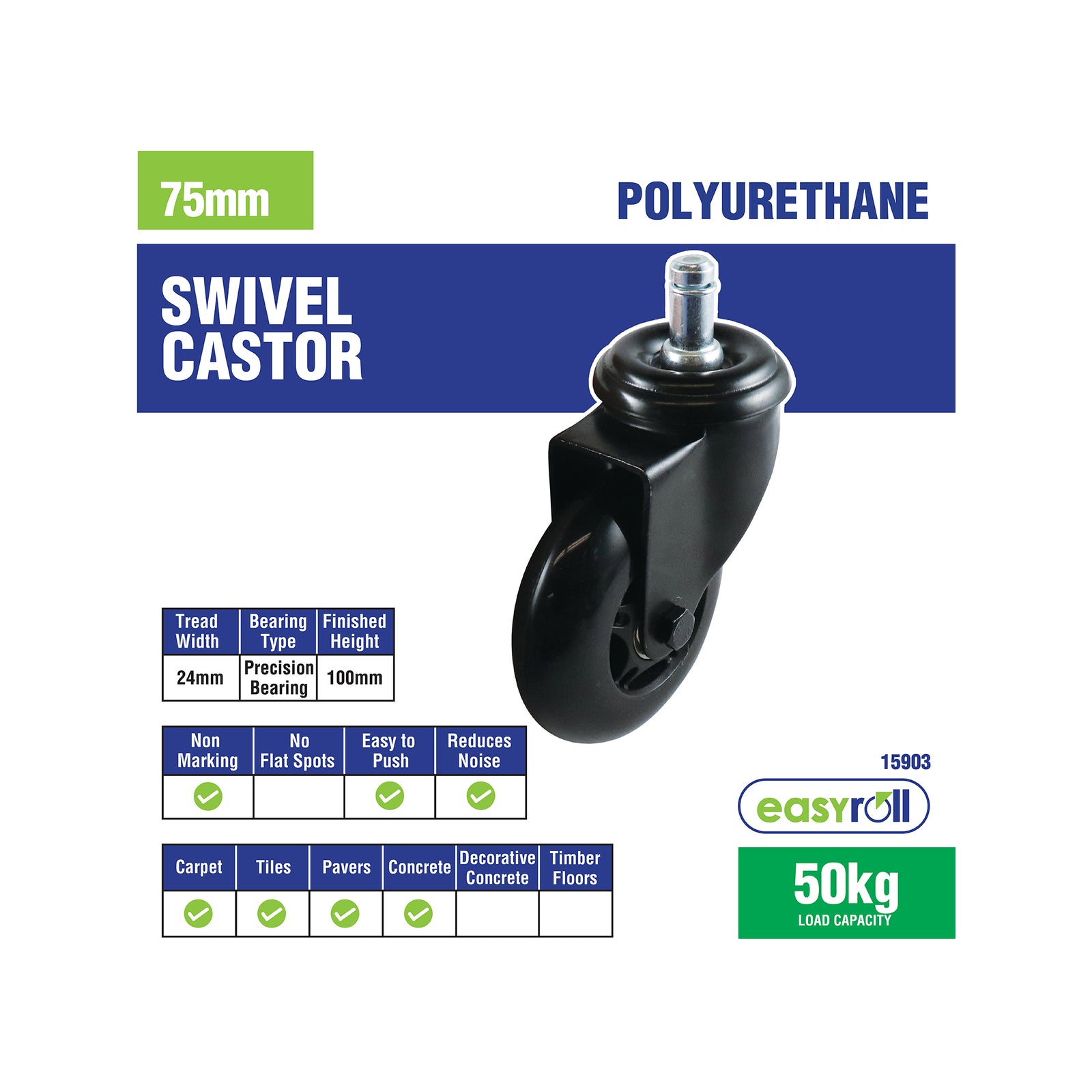 Easyroll Black Skate Furniture Swivel Castor Polyurethane