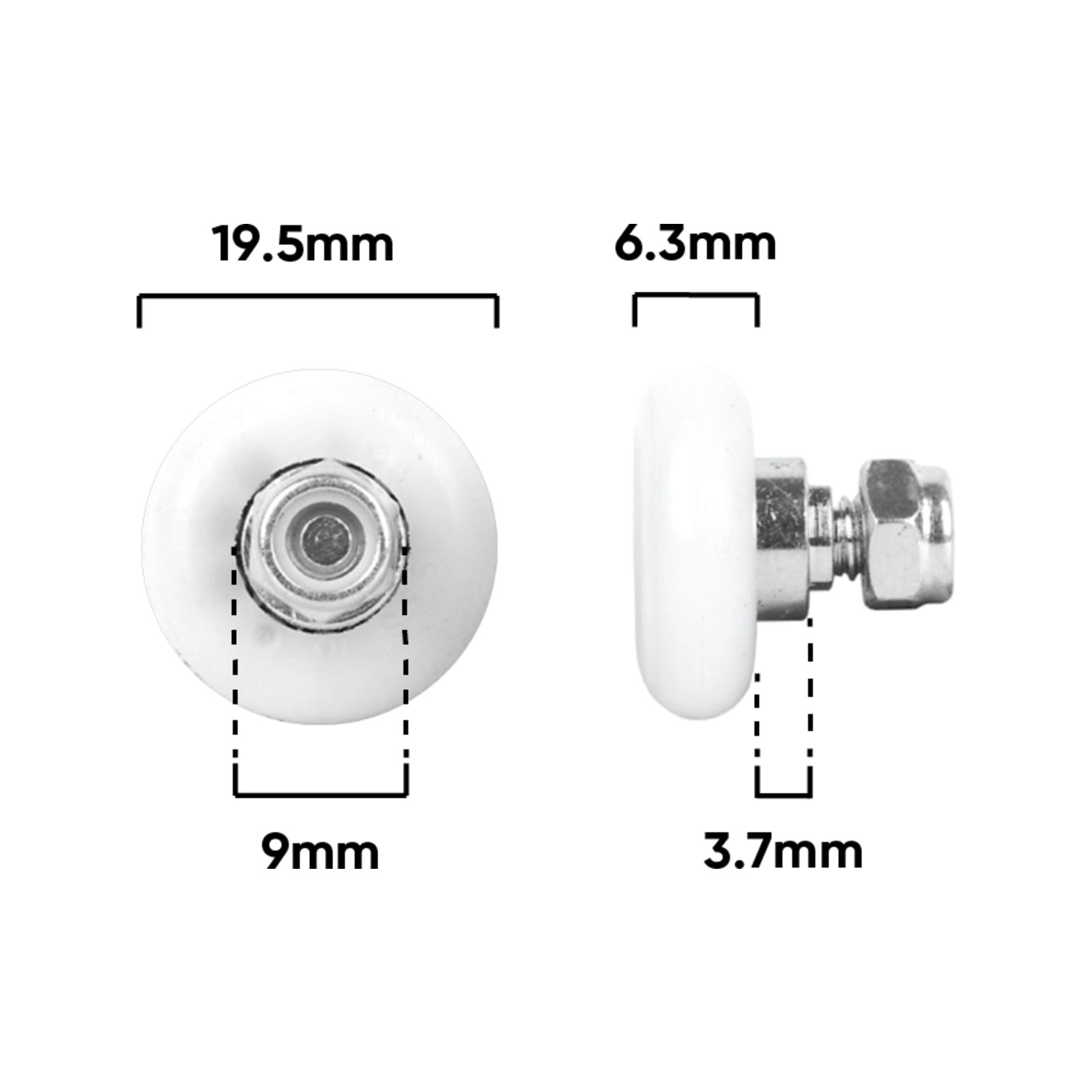 Rolltrak 19mm White Acetal Convex Roller With Threaded Stud - Wardrobe Door