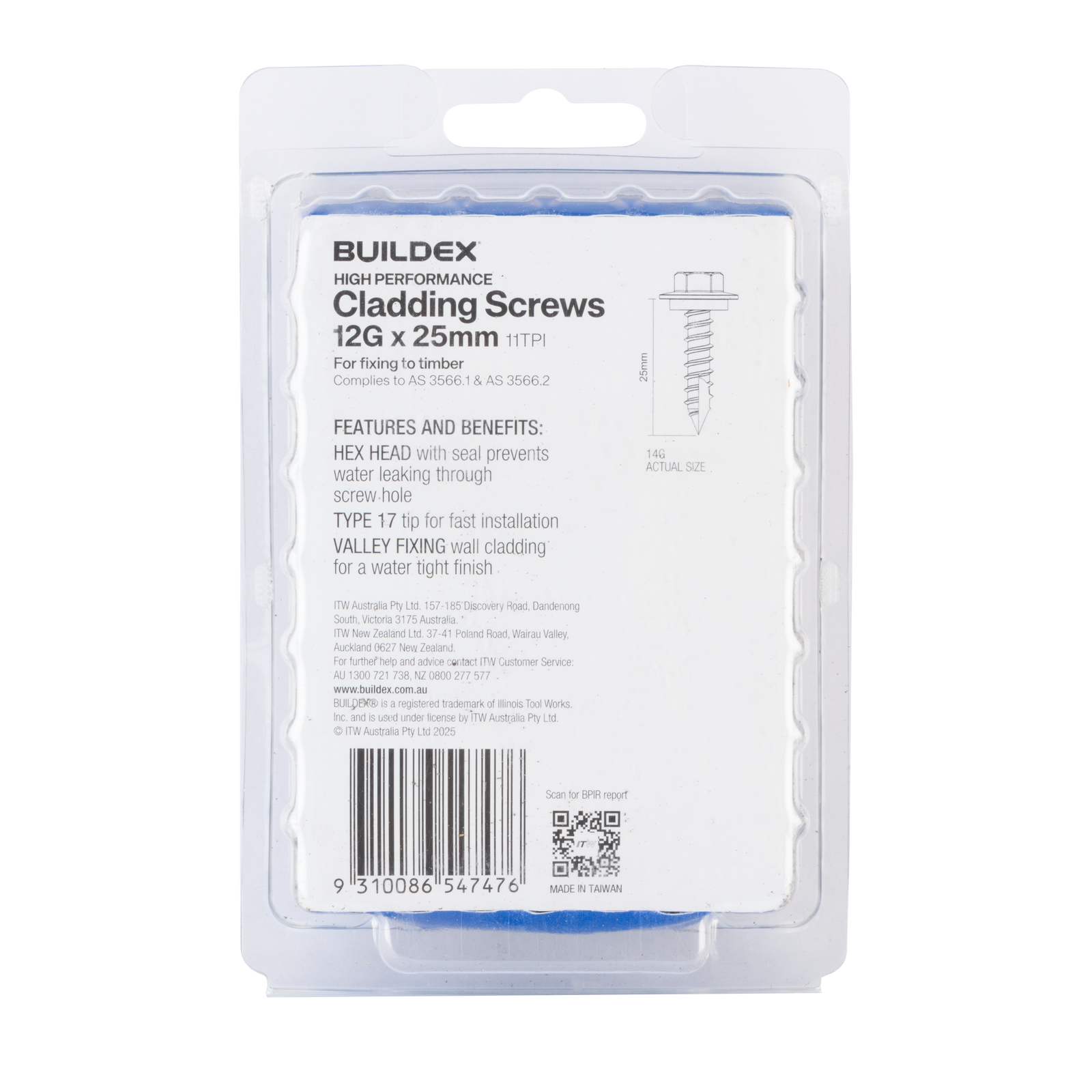 Buildex 12G x 25mm Class 3 Cladding Screws with Seal, Type 17 Hex Head - 100 Pack