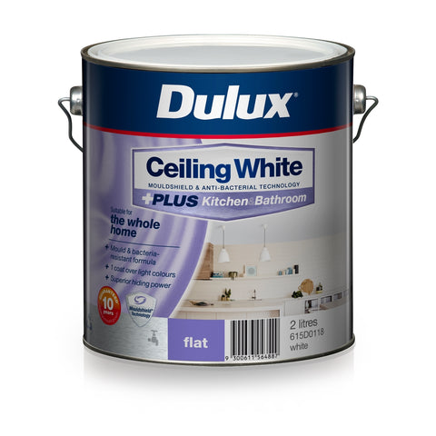Dulux Ceiling White +PLUS Kitchen & Bathroom Paint 2L Flat Water-Based