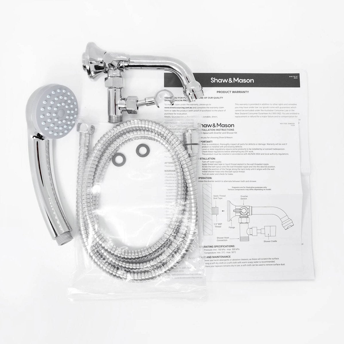 Shaw Mason Chrome Bath Spout with Diverter & Shower Kit - 1/2" BSP Connection - Adjustable Swivel Holder - 170mm x 180mm x 90mm - SuperSaverAU - view 4