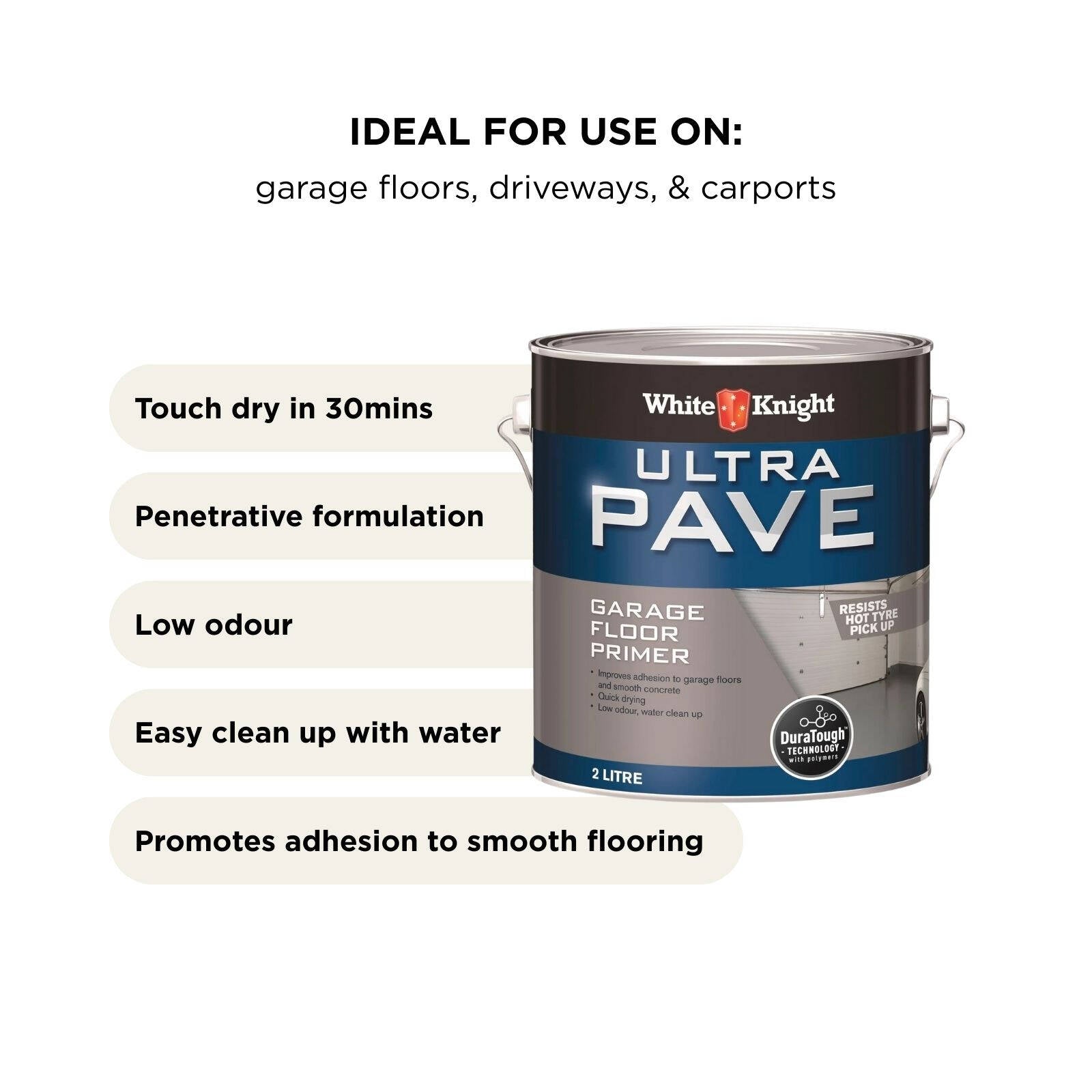 White Knight Ultra Pave 2L Garage Floor Primer - Water Based, for Concrete Floors & Driveways