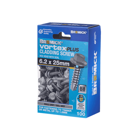 Bremick Vortex Plus 6.2 x 25mm Hex Cladding Screws B8 Shale Grey - 100 Pack
