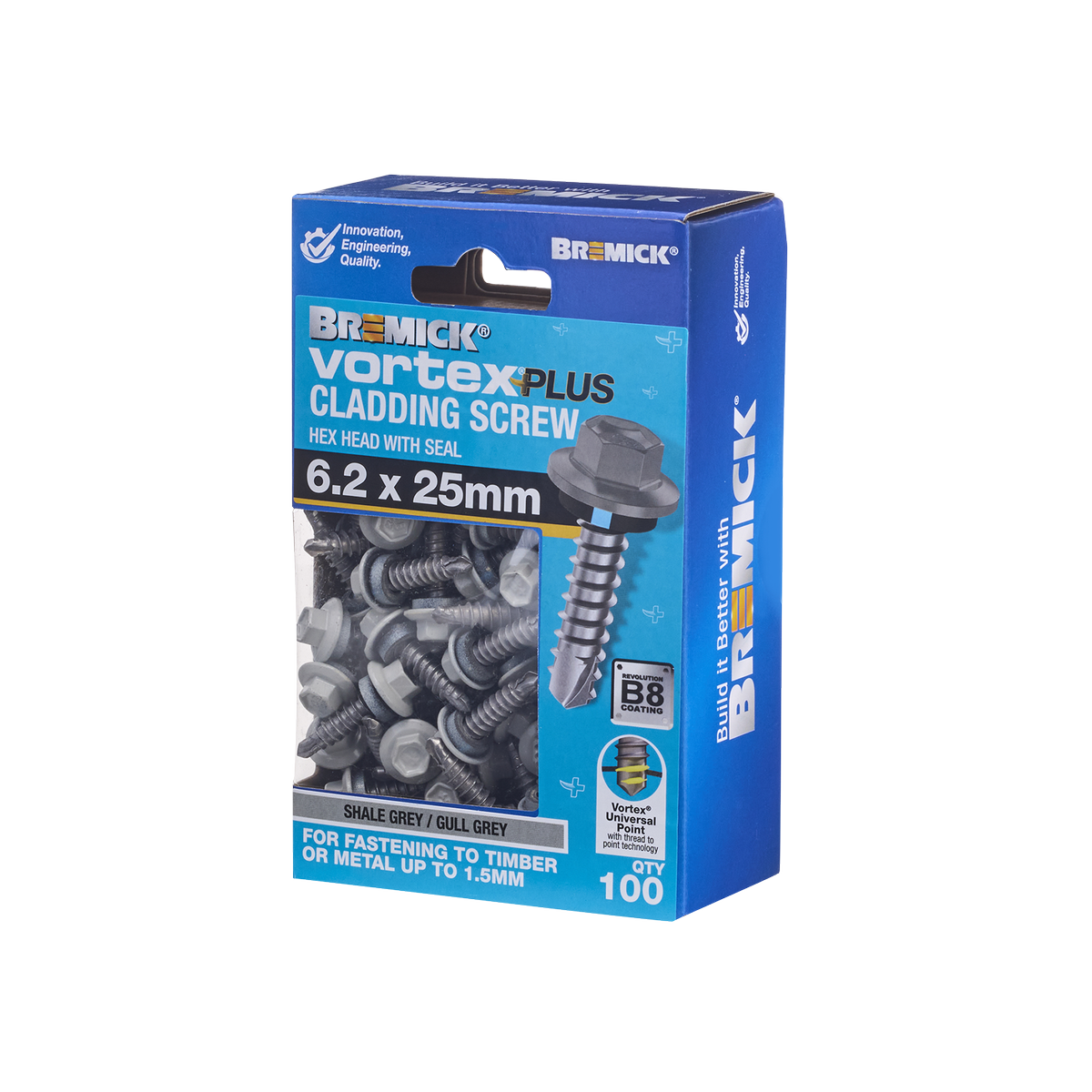 Bremick Vortex Plus Cladding Screw 6.2 x 25mm B8 Shale Grey - 100 Pack - Watertight Seal - SuperSaverAU - view 1