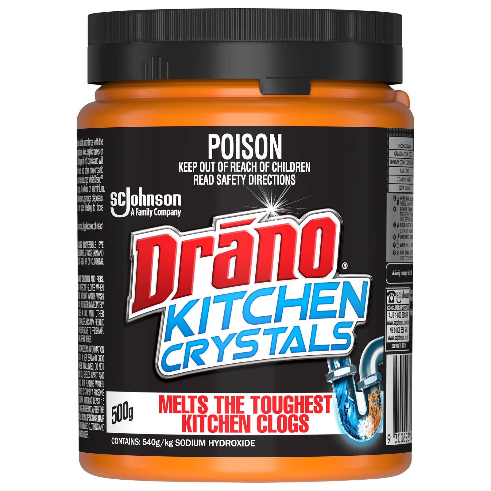 Drano Kitchen Drain Crystals 500g, Grease & Food Clog Remover