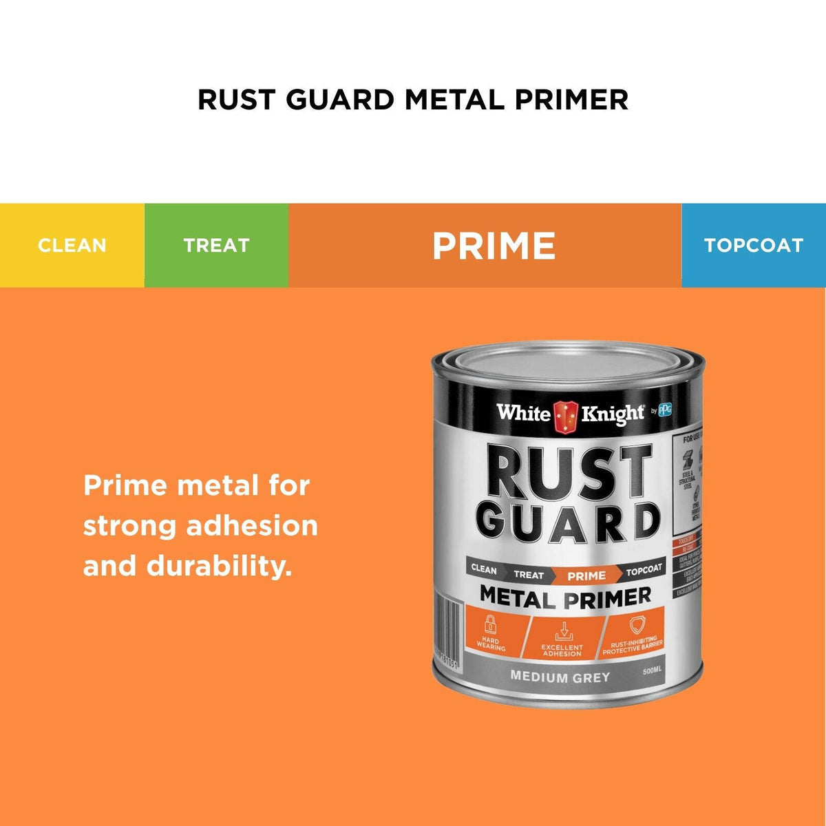 White Knight Rust Guard Metal Primer 500ml - Medium Grey Solvent Based Rust-Inhibiting Primer