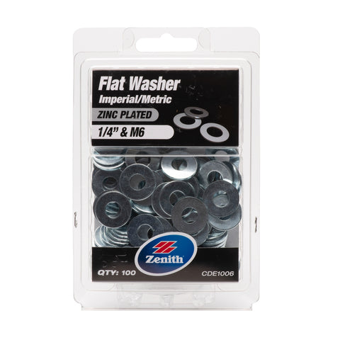 Zenith 1/4" M6 Zinc Plated Steel Flat Washer - 100 Pack