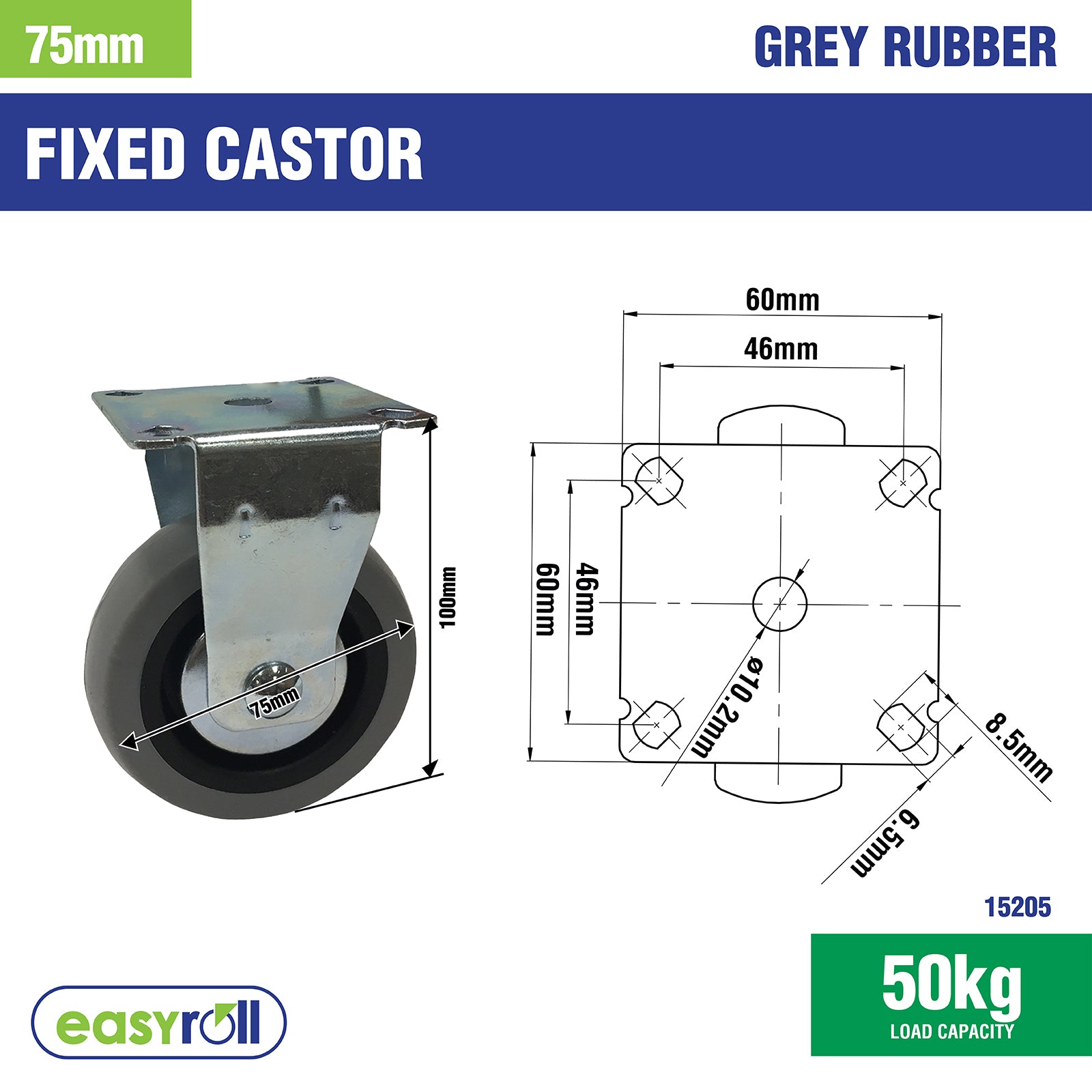 Move It 75mm Grey Rubber Fixed Plate Castor 50kg