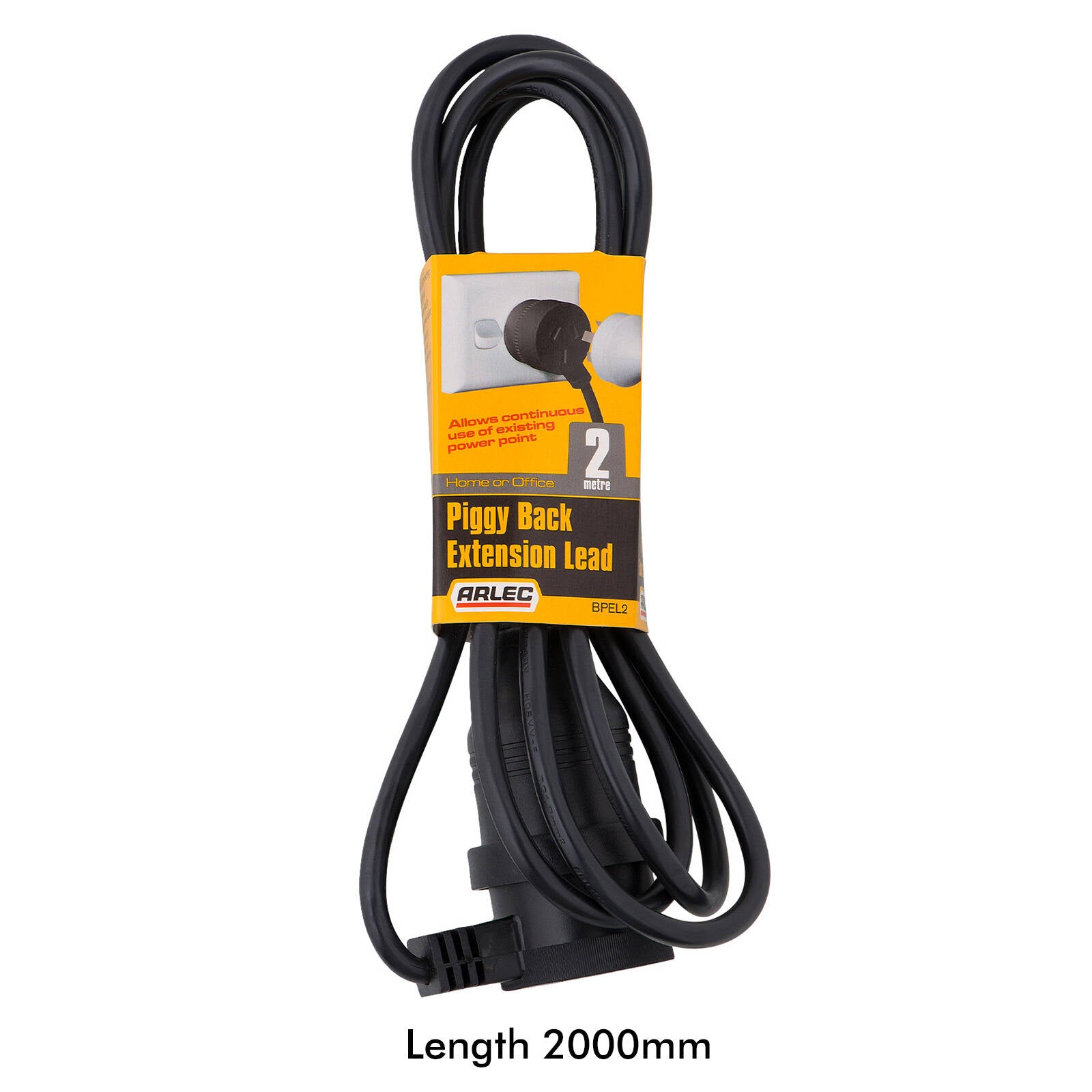 Arlec 2m Piggyback Extension Lead, 10A 2400W, Double Outlet, Indoor/Outdoor, Black