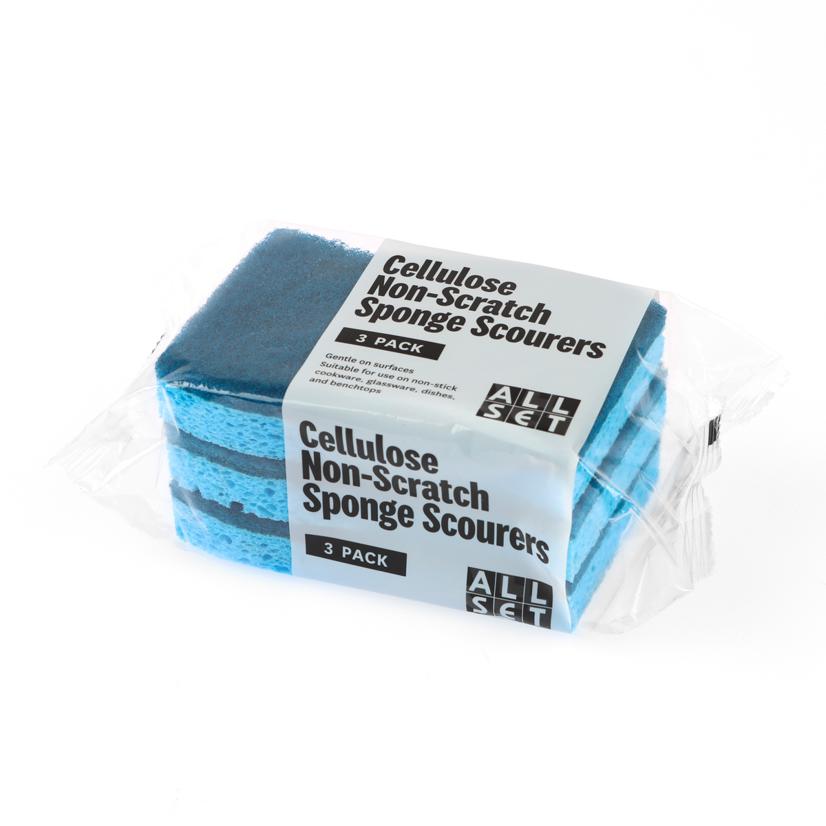 All Set Blue Non-Scratch Cellulose Sponge Scourers 3 Pack S-Curve Grip