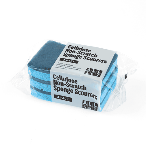 All Set Blue Non-Scratch Cellulose Sponge Scourers 3 Pack S-Curve Grip