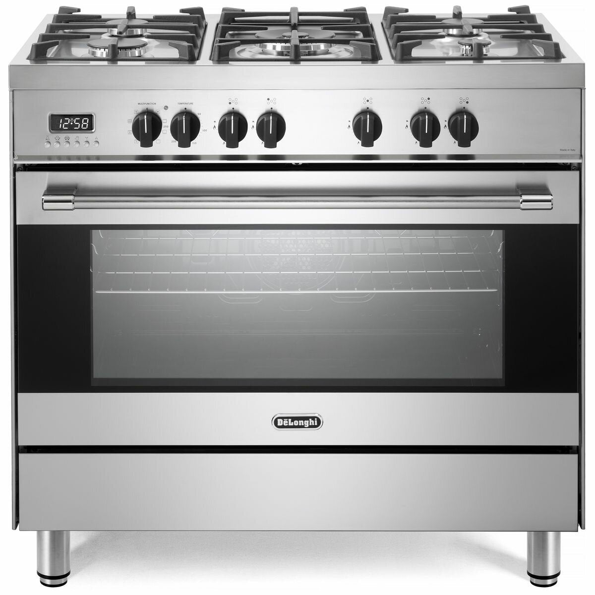 DeLonghi 90cm Dual Fuel Freestanding Oven - 130L Oven, 5 Gas Burners with Wok Burner - DEF908S