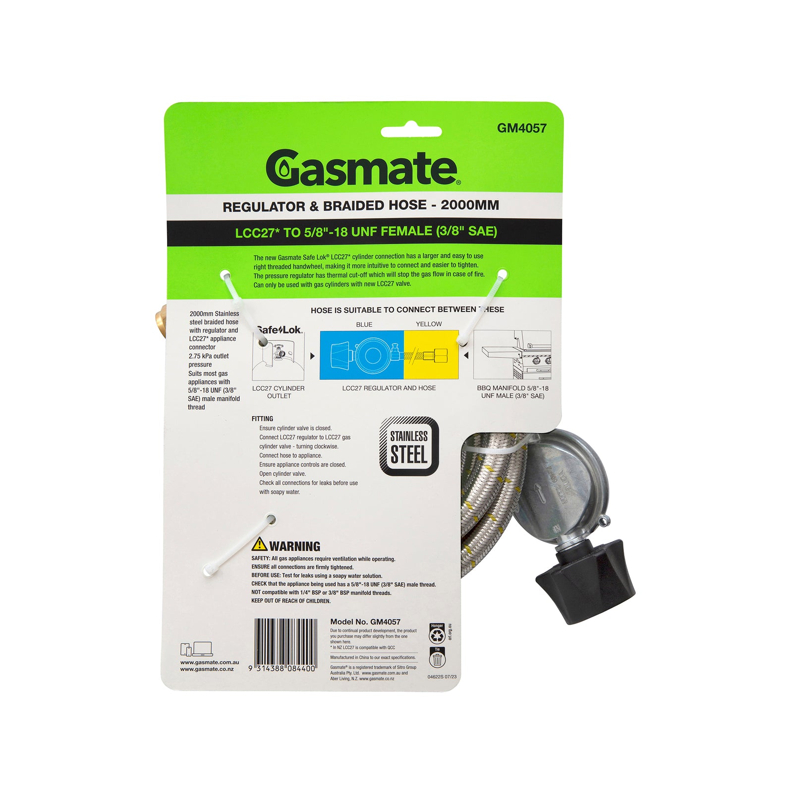 Gasmate Regulator & Braided Hose 2000mm LCC27 to 5/8" UNF (3/8" SAE)