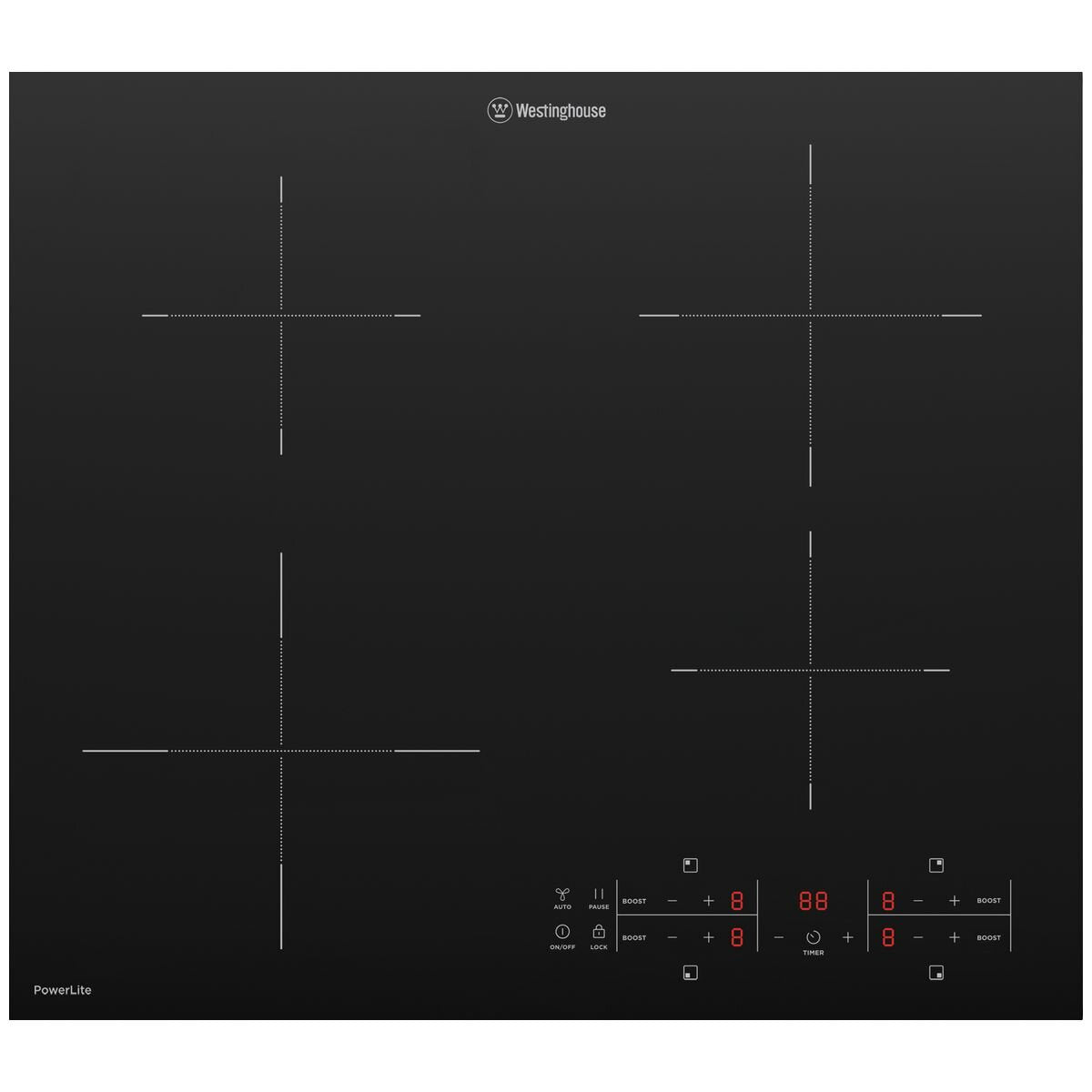 Westinghouse 60cm Powerlite 4 Zone Induction Cooktop - PowerBoost, Pause, Hob2Hood - WHI642BE