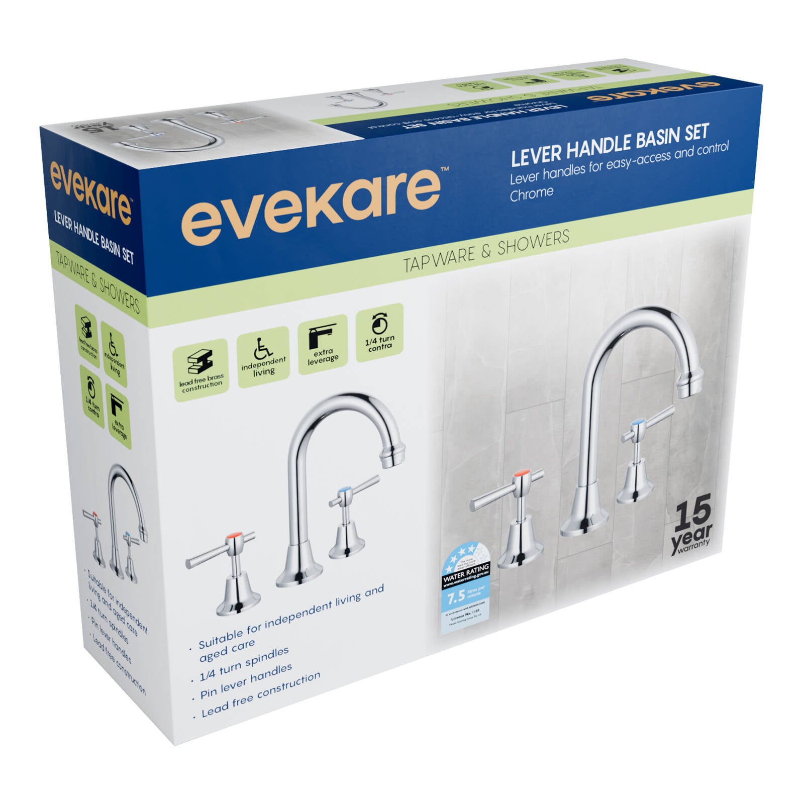 Evekare Chrome 1/4 Turn Pin Lever Basin Set with Red/Blue Indicators, 7.5L/min, 4 Star WELS