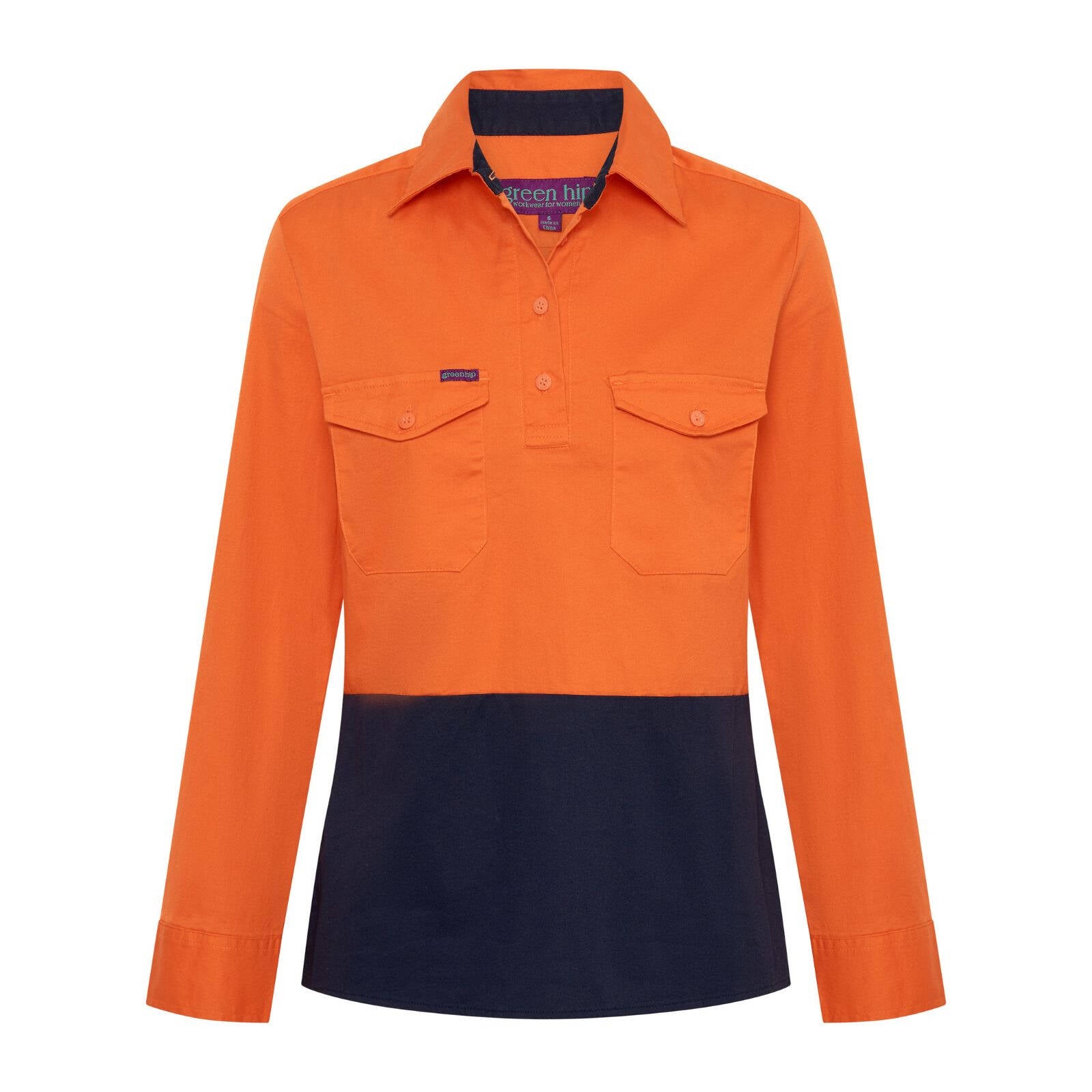 Green Hip Long Sleeve HiVis Shirt Orange/Blue Size 14 Women's