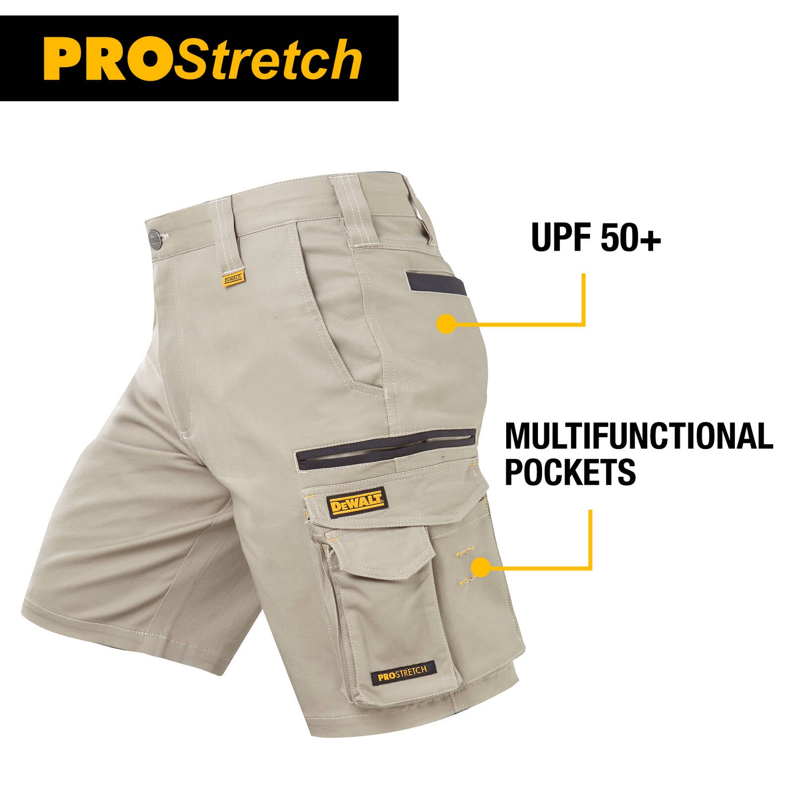 DEWALT Men's Khaki Bennington PROStretch Work Shorts Cotton/Spandex - Size 36