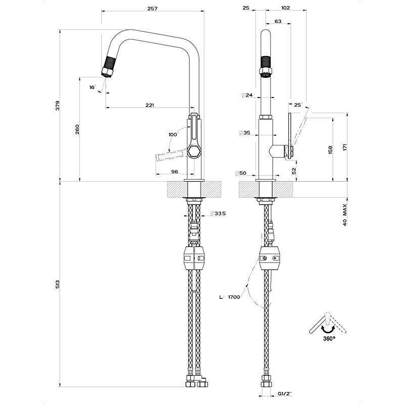 Gessi Pull Out Kitchen Mixer Tap - Black Metal Brushed, 360 Degree Spout, 5 Star WELS - 60053BMB