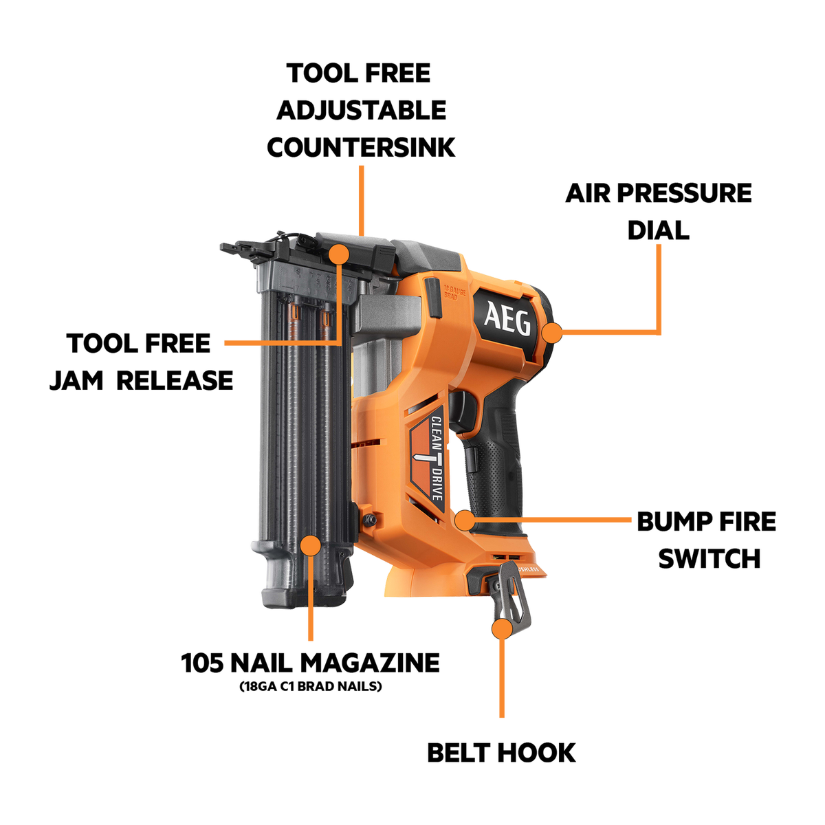 AEG 18V Brushless Brad Nailer - 18ga - Skin Only - Tool-Free Jam Release - SuperSaverAU - view 2
