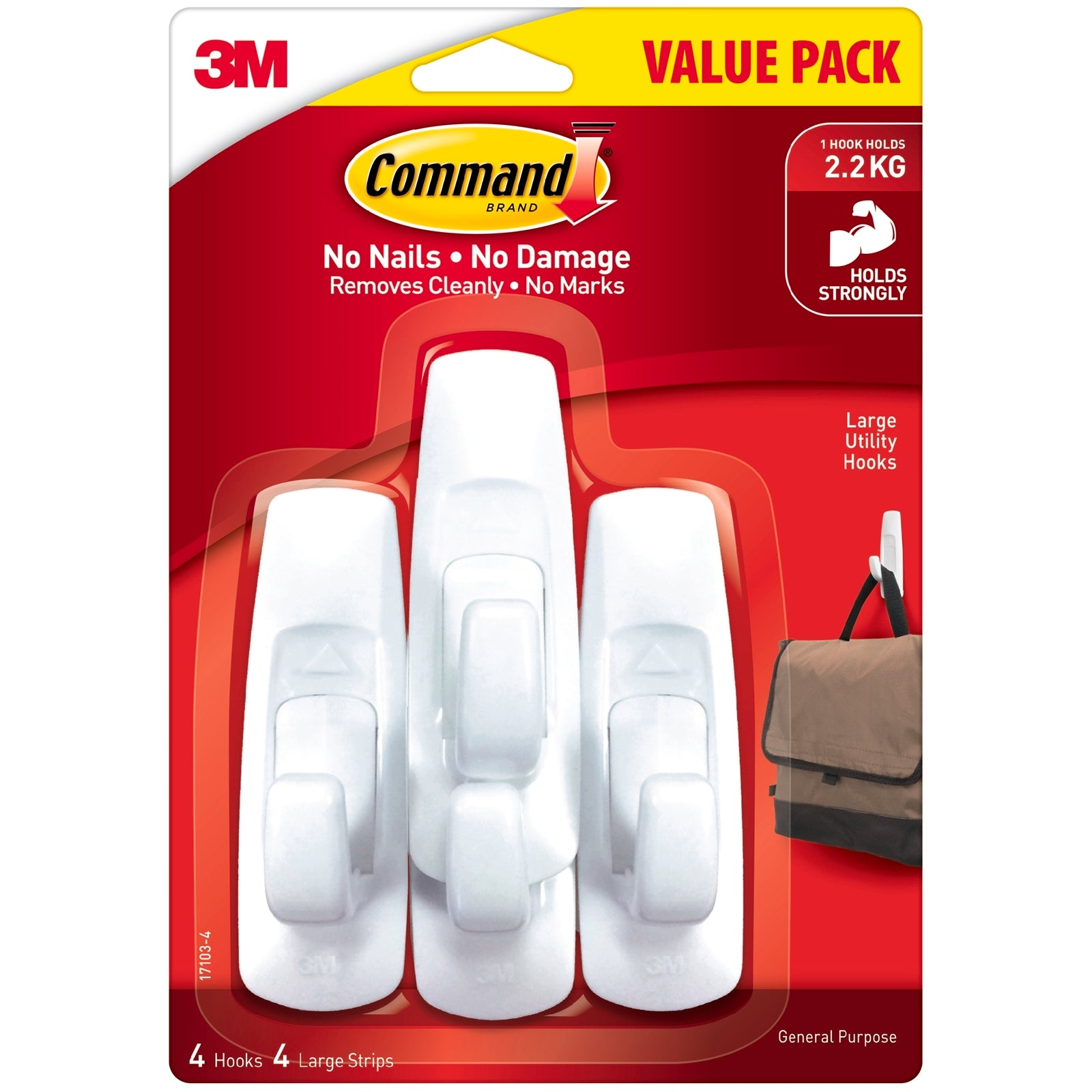 Command Large White Plastic Adhesive Hooks 4 Pack 2.2kg