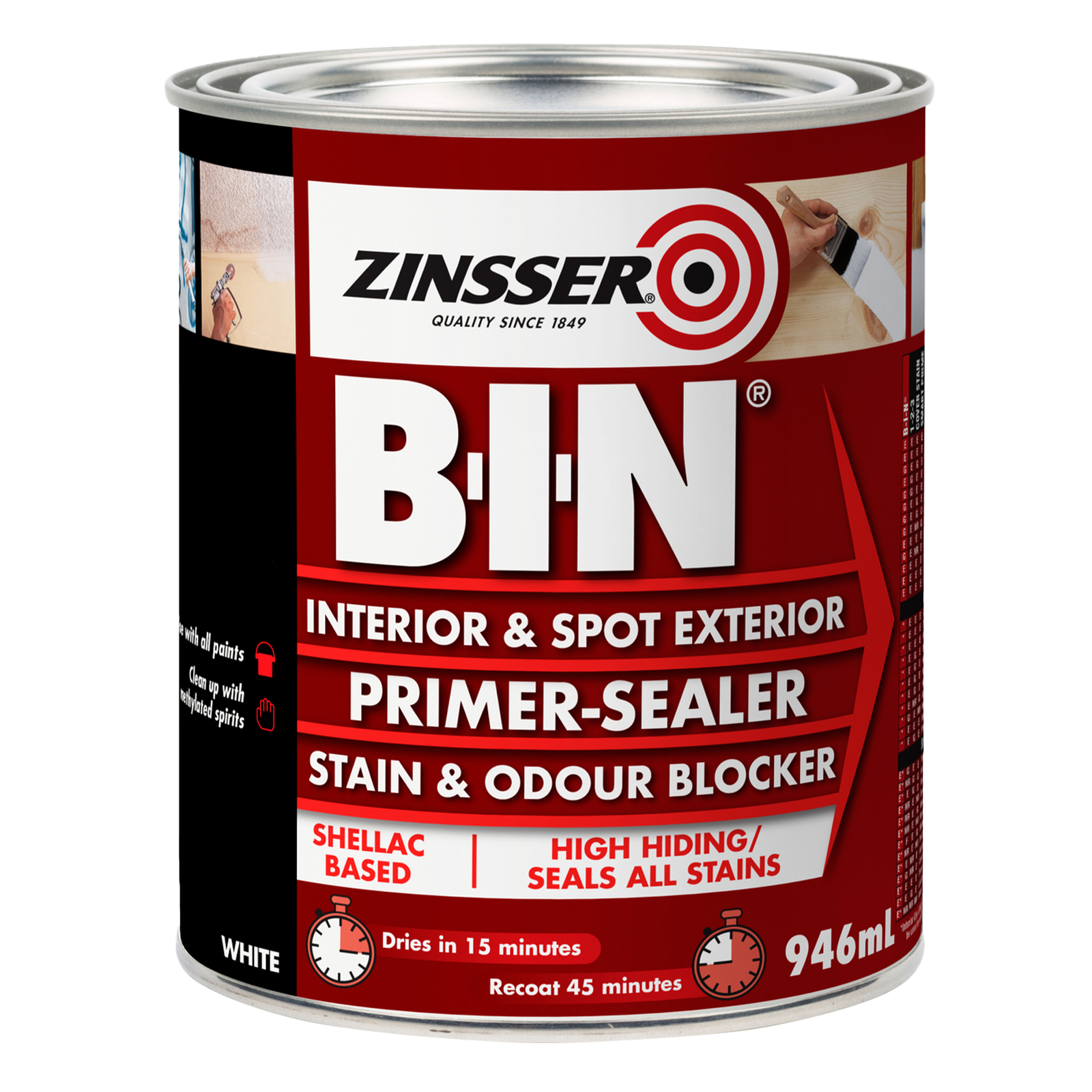 Zinsser B-I-N Primer Sealer Stain Blocker 946ml - White Shellac Based Brush & Roller