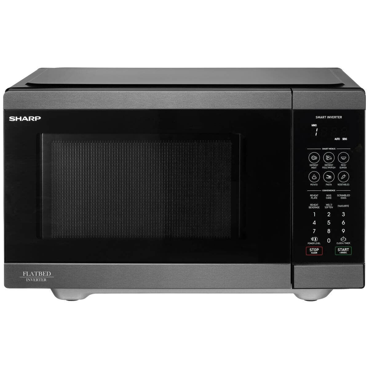 Sharp 26L 900W Flatbed Inverter Microwave - Black Steel, 23 Auto Menus, Defrost by Weight - SM267FHBS