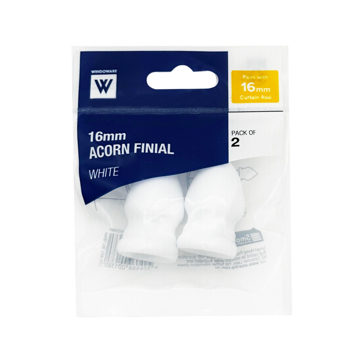 Windoware 16mm White Acorn Plastic Decorative Curtain Rod End - 2 Pack