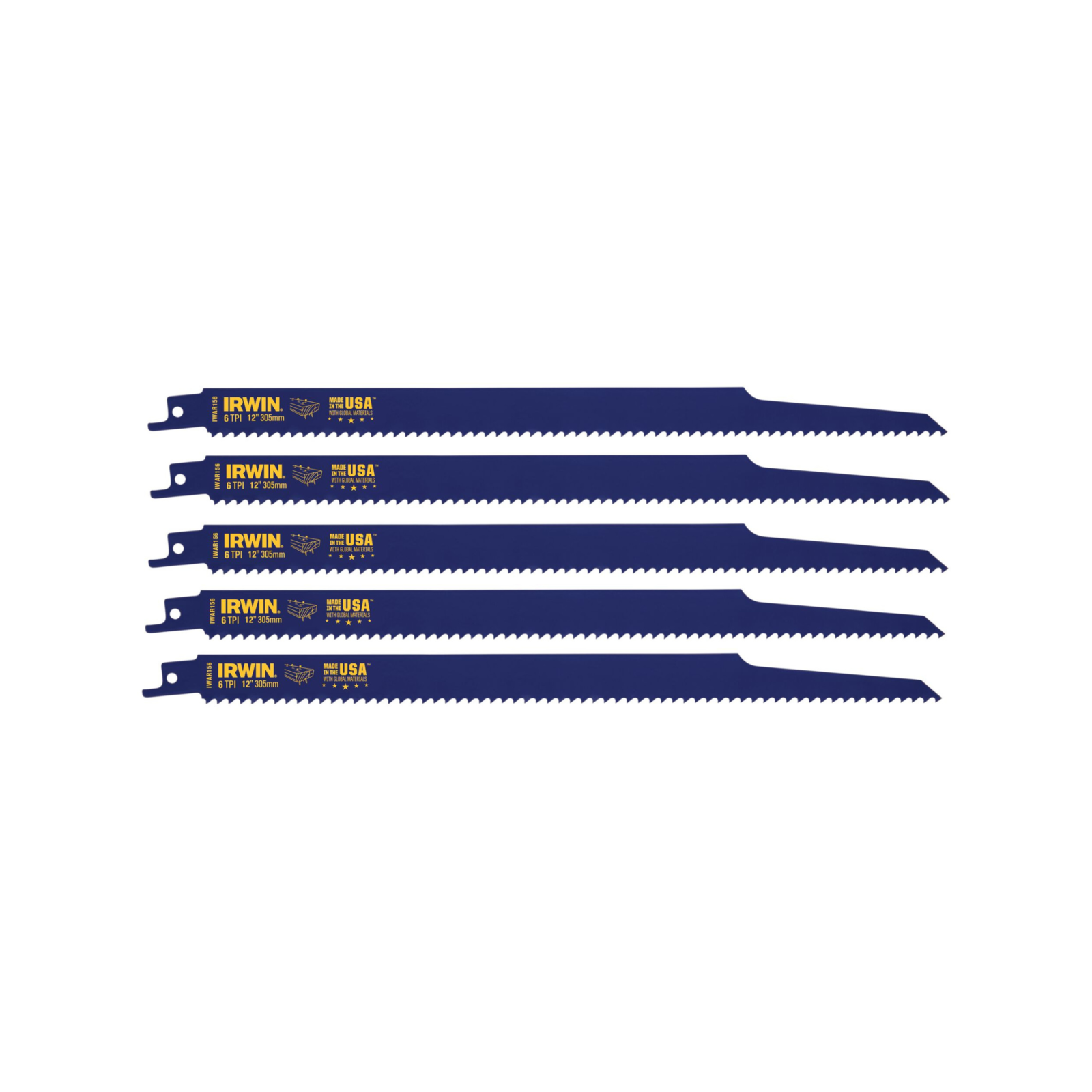 Irwin 12in 6TPI Bi-Metal Wood Cutting Reciprocating Saw Blade 5 Pack