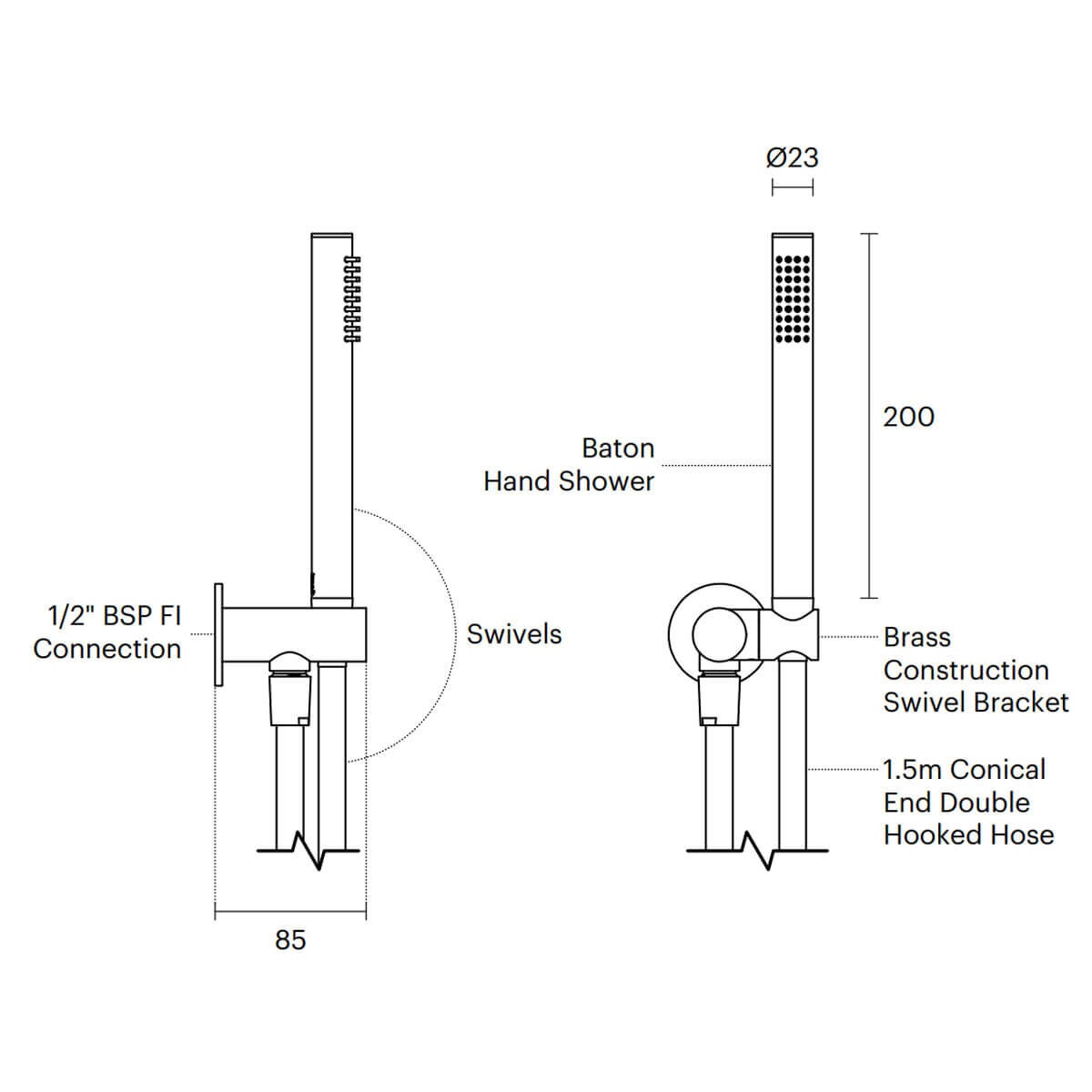 Rogerseller Tonic Baton Shower on Integrated Union - Matte Black - Australian Made - 3506003311