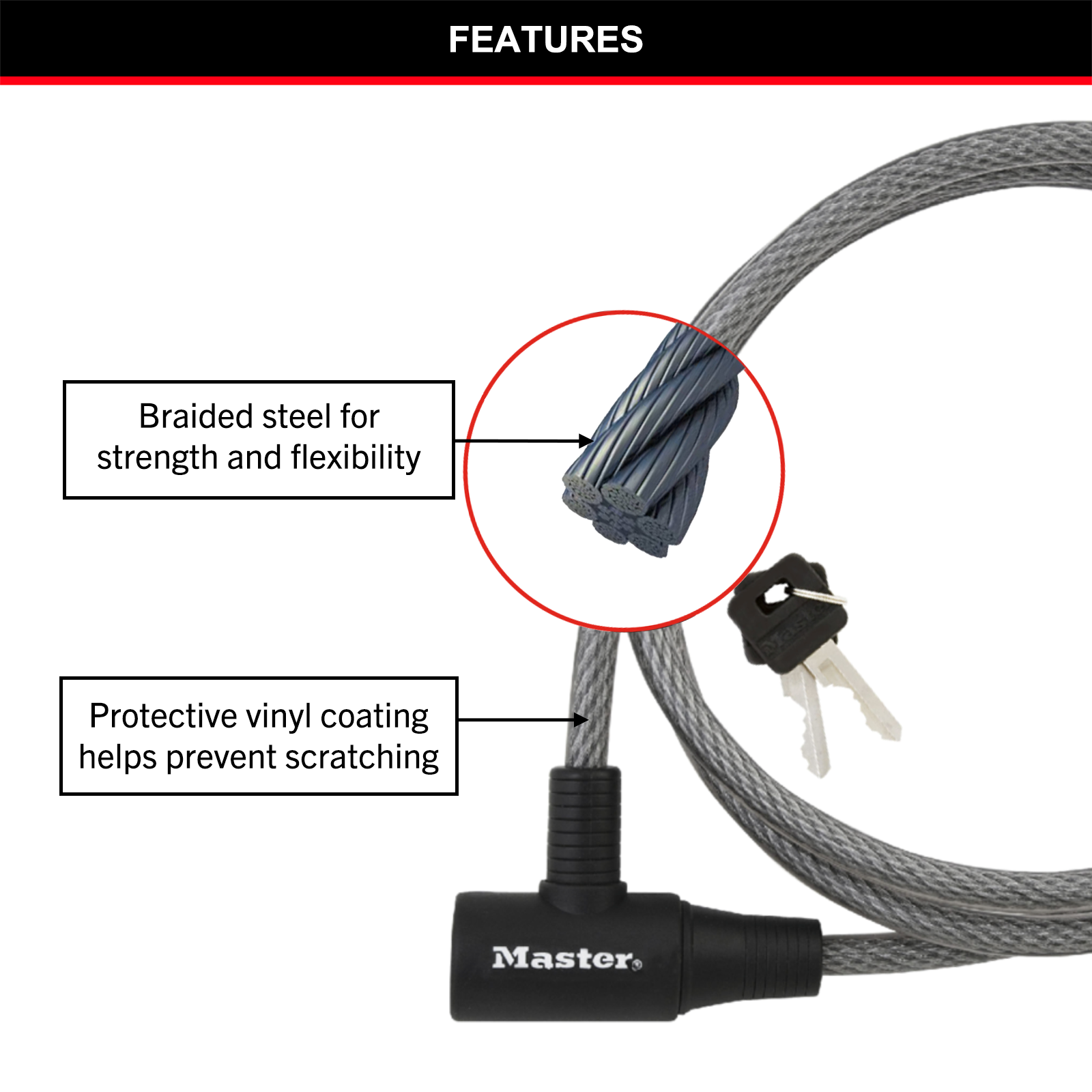 Master Lock 10mm x 1.8m Keyed Cable Lock, Vinyl-Coated Braided Steel