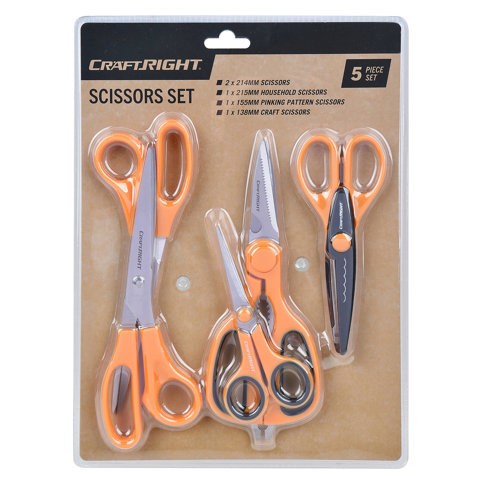 Craftright 5 Piece Scissors Set - Steel Blades, Comfort Grip Handles