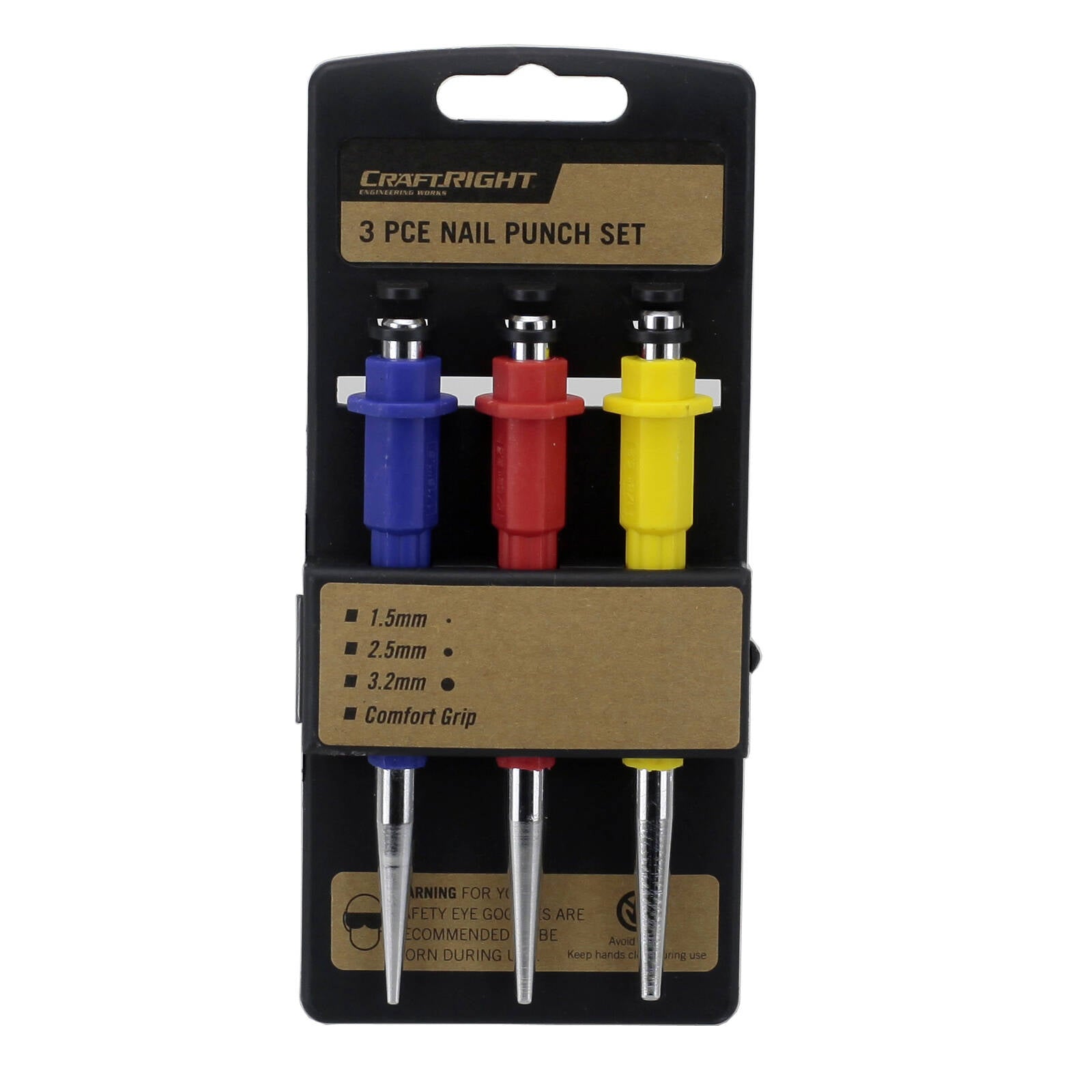 Craftright 3 Piece Nail Set Punch, CR-V Steel with Thermoplastic Rubber Grip