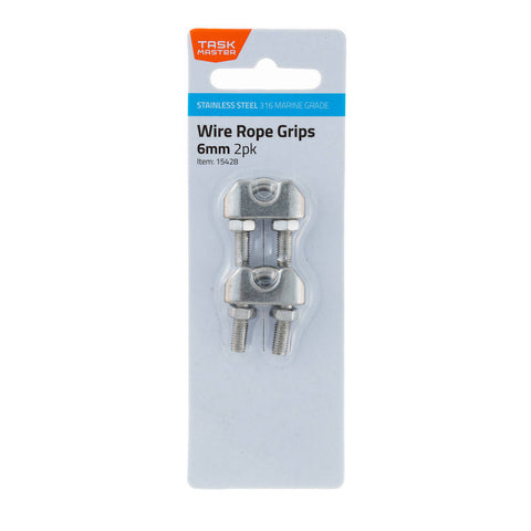 Taskmaster 6mm 316 Stainless Steel Wire Rope Grips - 2 Pack