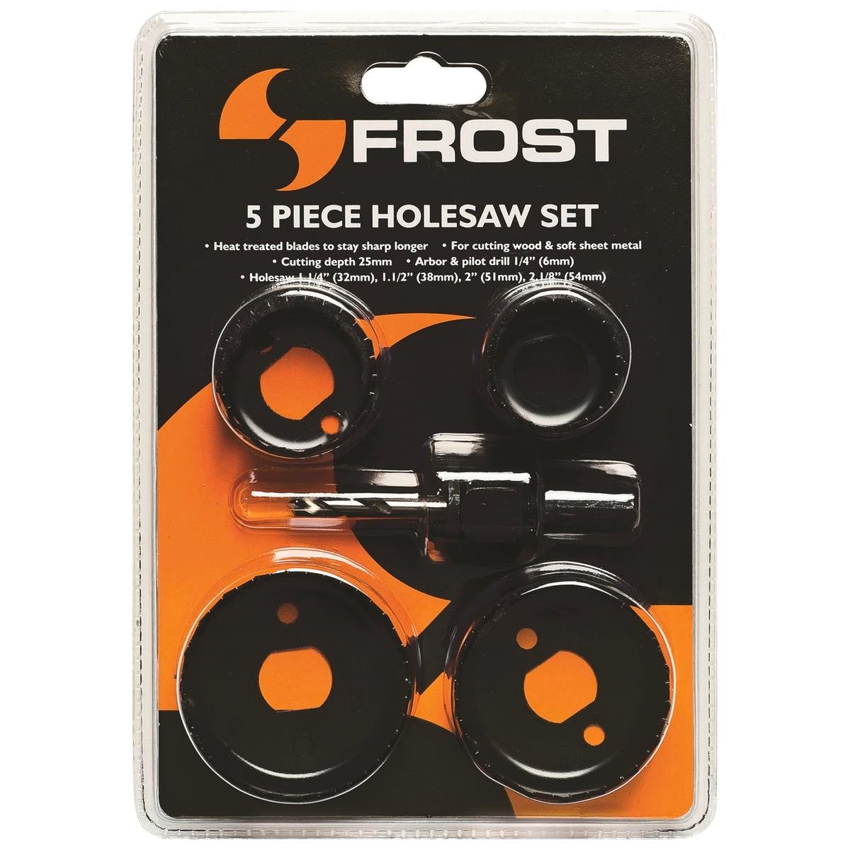 Frost 5 Piece Holesaw Set Carbon Steel for Cutting Wood & Soft Metal