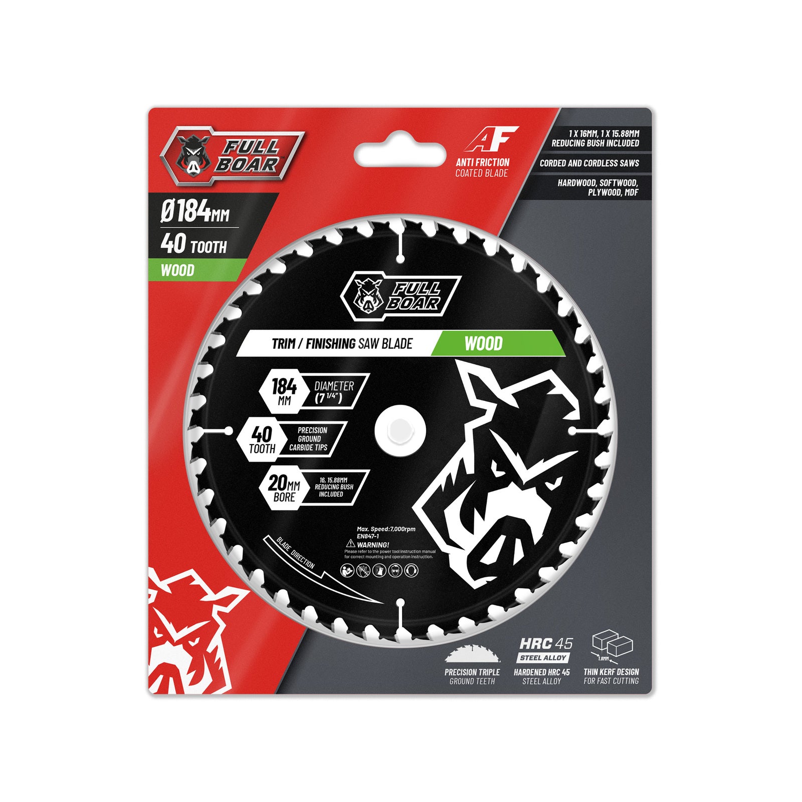 Full Boar 184mm 40T Carbide Circular Saw Blade, 20mm Bore