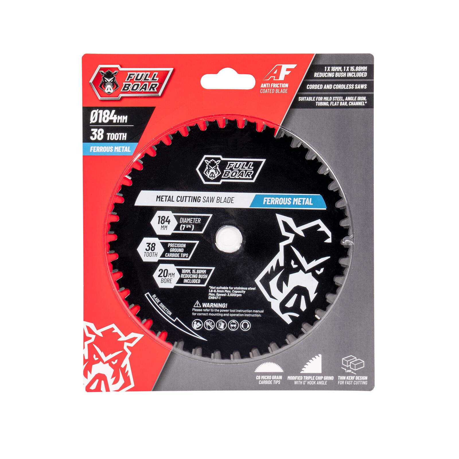 Full Boar 184mm 38T Ferrous Metal Circular Saw Blade, HRC 45 Steel, Anti-Friction Coated, 20mm Bore