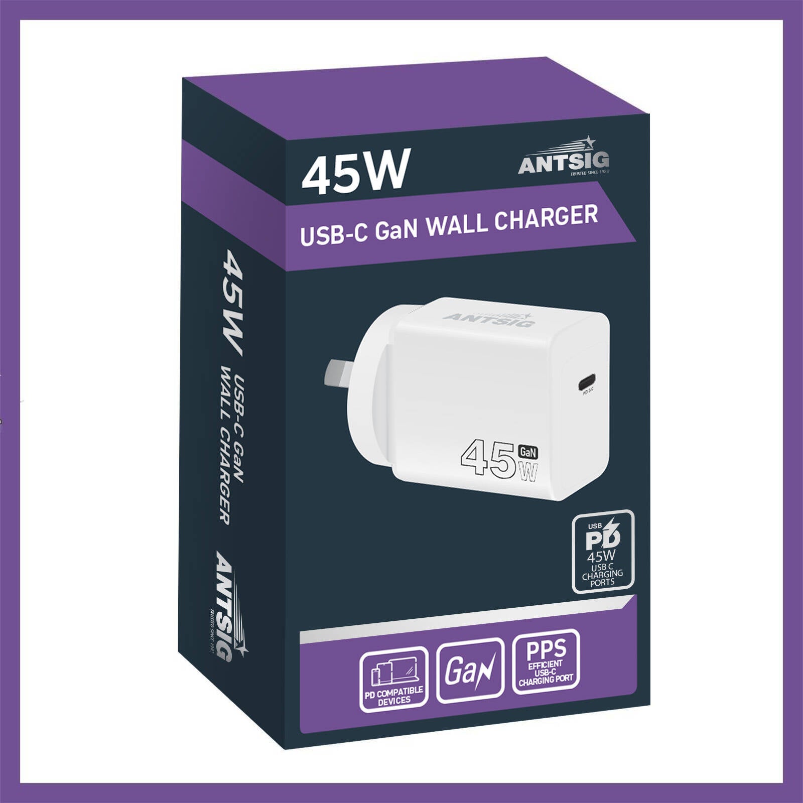Antsig 45W USB-C GaN Wall Charger APWC45WC - White, Single-Port Fast Charge