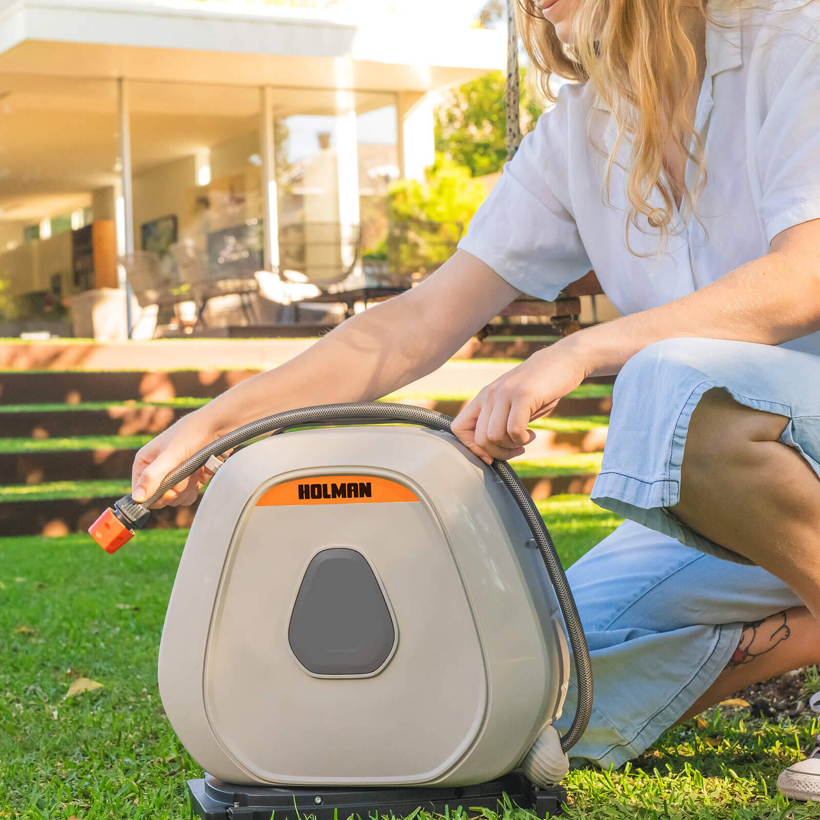 Holman 20m Portable Retractable Hose Reel with Ground Spikes - Auto Rewind