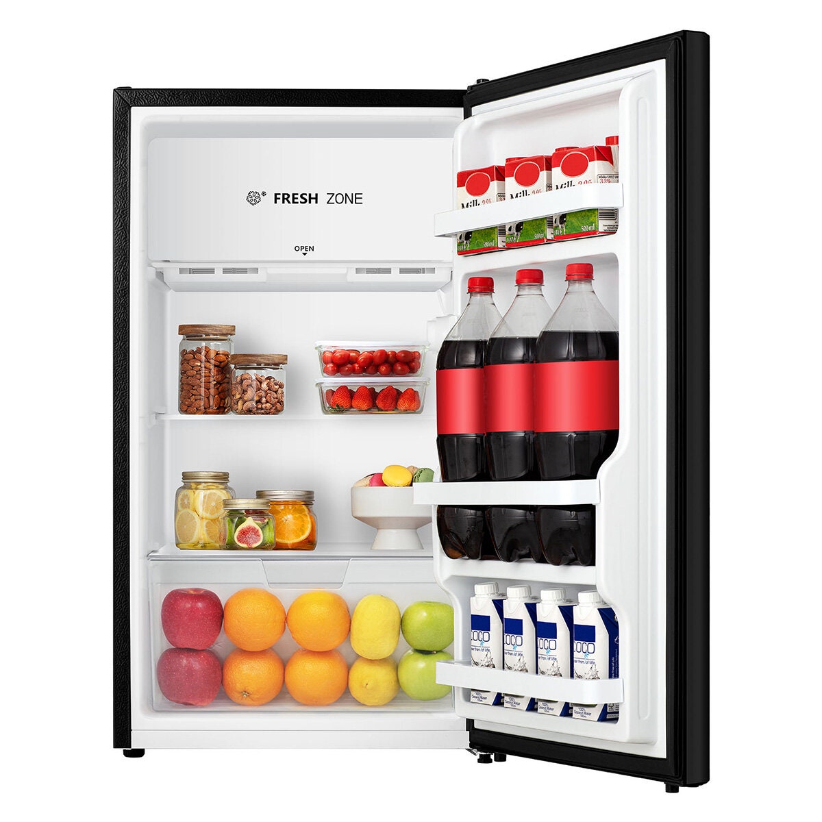 Hisense 124L bar fridge - black, Fresh Zone, large crisper, LED light, reversible door - HRBF126B