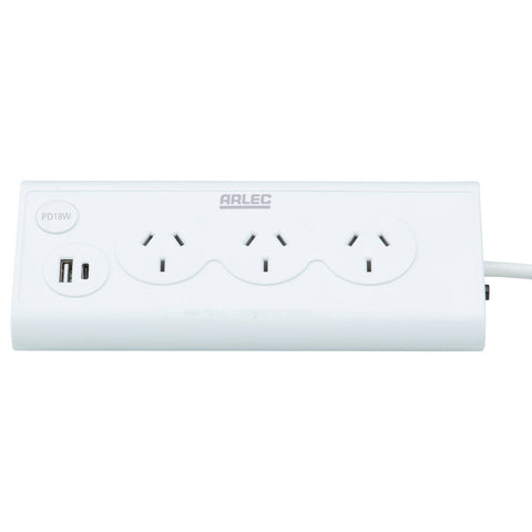 Arlec 3 Outlet Triangular Powerboard with PD18W Fast Charging USB White PB3UC