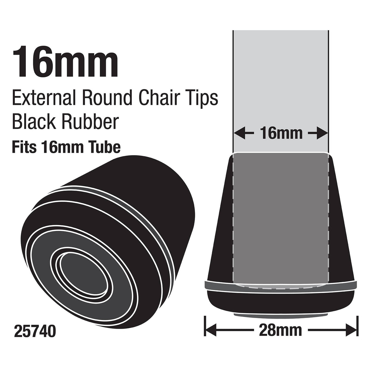 Surface Gard 16mm Black Round External Rubber Chair Tips - 4 Pack