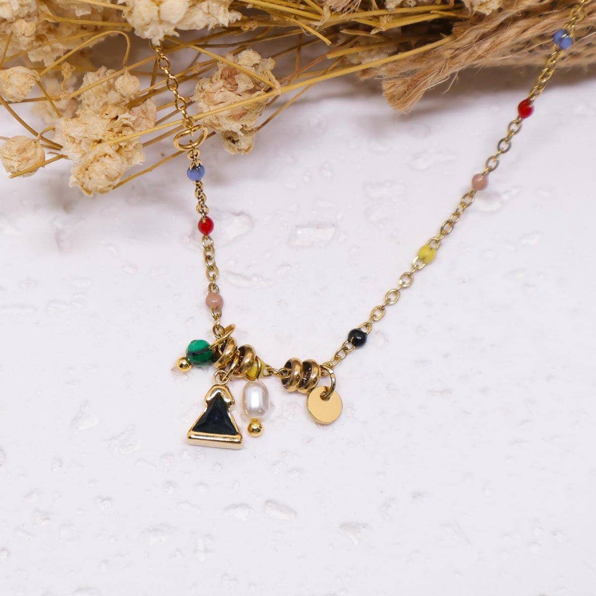 Beaded Charm Necklace with Imitation Pearl - Gold and Multicolour - view 4