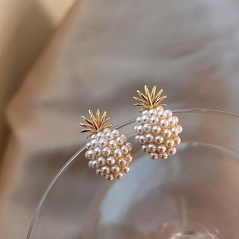 Beaded Pineapple Stud Earrings for Women - Gold-Tone Crowns with Cream Beads - view 5