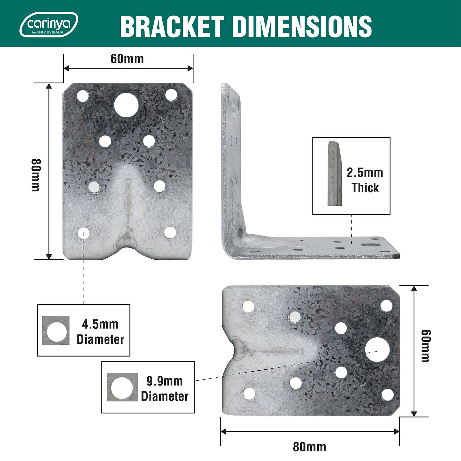 Carinya 80 x 80 x 60 x 2.5mm Galvanised Steel Reinforcing Bracket - 4 Pack