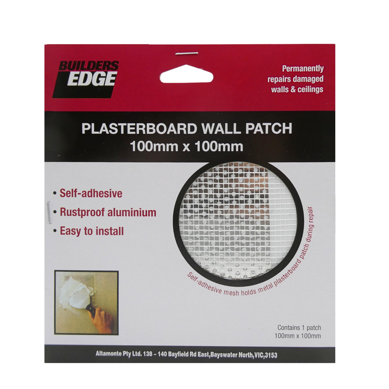 Builders Edge 100 x 100mm Aluminium Plasterboard Wall Patch, Self-Adhesive Rustproof