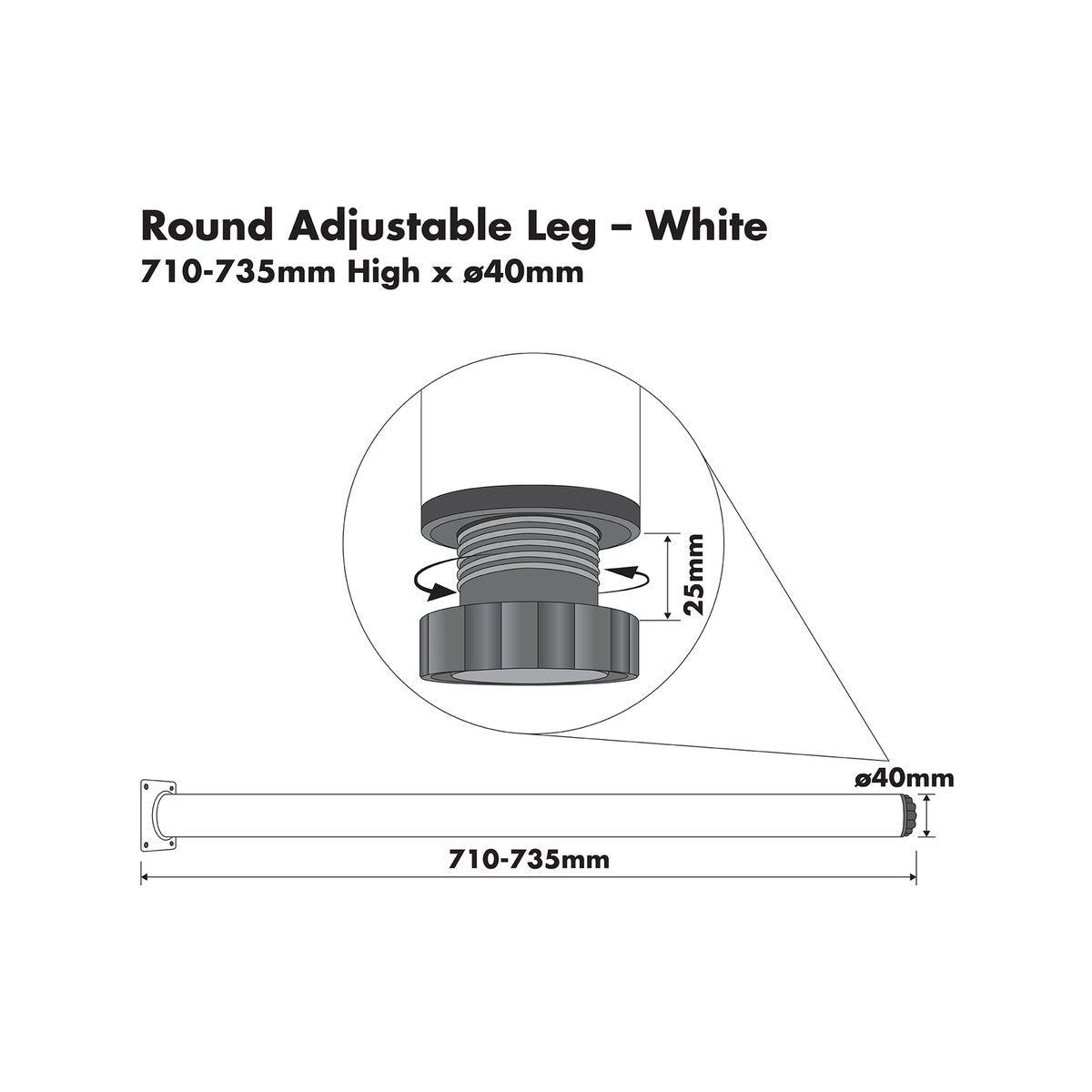 Adoored 40 x 710mm White Steel Round Adjustable Furniture Leg